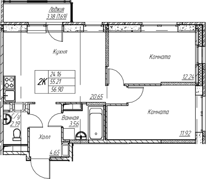 2-комнатная квартира 56.9 м², 8/22 эт., ЖК «Парк-квартал Юнтолово»